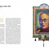 A magazine spread features an article titled "There's No Place Like Om," showcasing OURstory Quilts from Schiffer Publishing, Ltd., with a vibrant Dalai Lama portrait and columns on art quilts and civil rights.