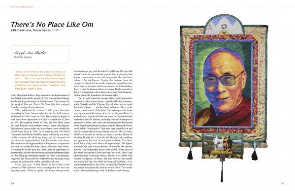 A magazine spread features an article titled "There's No Place Like Om," showcasing OURstory Quilts from Schiffer Publishing, Ltd., with a vibrant Dalai Lama portrait and columns on art quilts and civil rights.