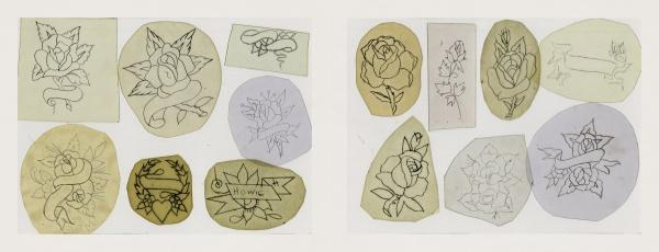 Classic Tattoo Stencils by Schiffer Publishing, Ltd. features hand-drawn sketches of roses, hearts, banners, and stars on colored paper, grouped on a white background in a vintage American tattoo style.