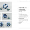 A book spread from "Folding Polyhedra" by Schiffer Publishing, Ltd. displays blue origami models on the left and instructions for a modified rhombic dodecahedron—complete with diagrams, folding symbols, and a difficulty rating—on the right.