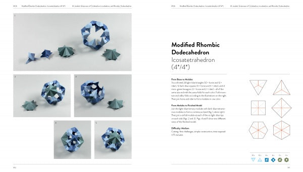 A book spread from "Folding Polyhedra" by Schiffer Publishing, Ltd. displays blue origami models on the left and instructions for a modified rhombic dodecahedron—complete with diagrams, folding symbols, and a difficulty rating—on the right.