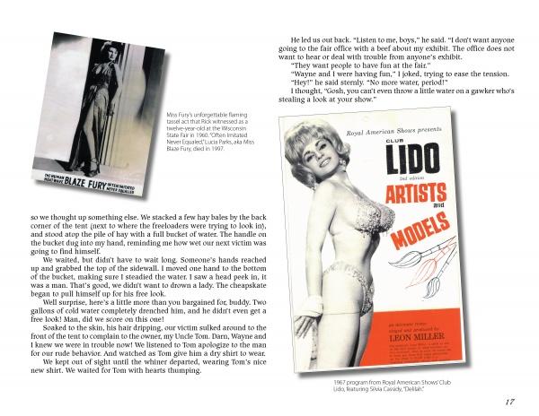 A magazine spread from Schiffer Publishing, Ltd.’s Pickled Punks and Girlie Shows: A Life Spent on the Midways of America shows Blaze Fury in a black-and-white gown photo, a vintage Lido Club cover, and text about sideshow-inspired performances. Page 17 is shown.