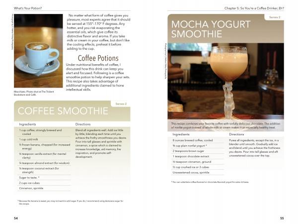 Two pages from "What's Your Potion?" by Schiffer Publishing, Ltd. show recipes: the left page features a coffee smoothie for a mood boost; the right offers a mocha yogurt smoothie in a tall glass, both with instructions for refreshing drinks.