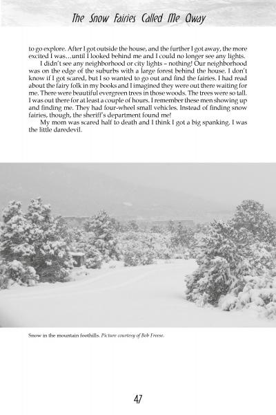 A page from "Eerie Encounters in Everyday Life" (Schiffer Publishing, Ltd.) with a childhood memory and a black-and-white photo of snow-covered foothills and trees. Caption: Snow in the mountain foothills. Courtesy of Bob Friese.