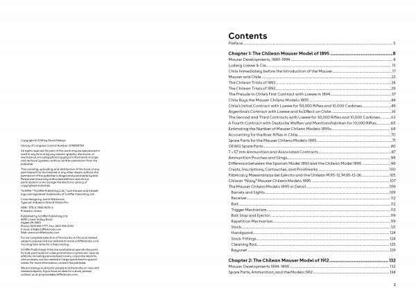 The image shows the copyright page of "History of the Mauser Rifle in Chile" by Schiffer Publishing, Ltd. on the left, and a table of contents with chapters about Mauser rifle history, context, and technical details on the right.