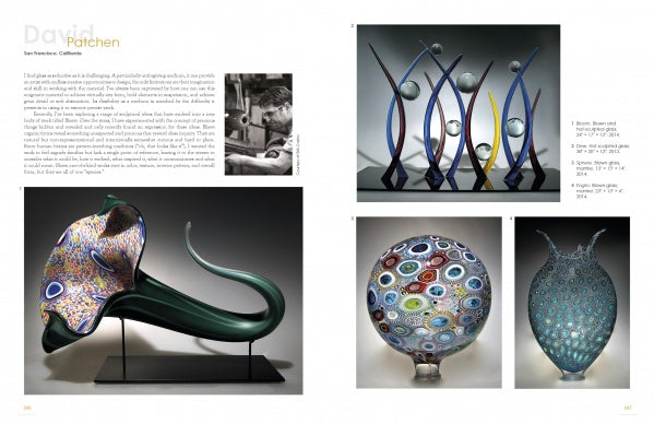 A Schiffer Publishing, Ltd. art catalog spread features Glass Art, showcasing contemporary pieces like a large abstract flower, wave-like sculptures with orbs, two patterned round vases, plus an artist photo and biography.