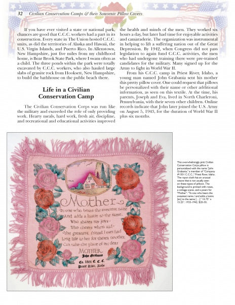 A magazine page highlights Civilian Conservation Corps camps and a pink "Sweetheart & Mother Pillow" (Schiffer Publishing, Ltd.), adorned with red flowers, green leaves, the word "Mother," and a sentimental poem at its center.