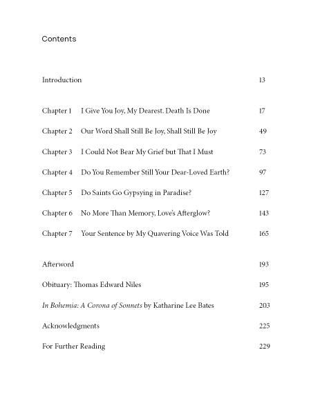 Table of contents page for In Bohemia by Schiffer Publishing, Ltd.: introduction, seven chapters on love and loss, afterword, obituary, sonnet section, acknowledgments, further reading with page numbers; set in Wellesley, Massachusetts.
