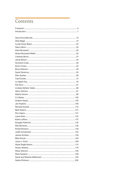 The table of contents in Making Good by Schiffer Publishing, Ltd. lists sections like Foreword, Introduction, and profiles of arts entrepreneurs, with dotted lines connecting each name to their page numbers.