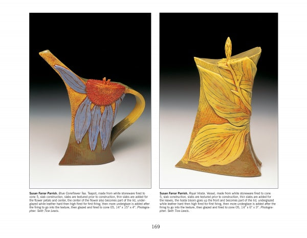 Ceramics Today by Schiffer Publishing, Ltd. features creative ceramic art, including a teapot with blue-purple petals and orange center, and a tall lidded vessel with large yellow leaves—perfect for ceramic art collectors.