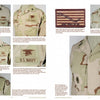 A two-page spread from "Desert Uniforms, Patches, and Insignia of the US Armed Forces" by Schiffer Publishing, Ltd. features detailed photos and descriptions of U.S. Navy desert combat uniforms, insignia, patches, and embroidered badges.