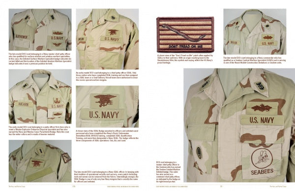 A two-page spread from "Desert Uniforms, Patches, and Insignia of the US Armed Forces" by Schiffer Publishing, Ltd. features detailed photos and descriptions of U.S. Navy desert combat uniforms, insignia, patches, and embroidered badges.