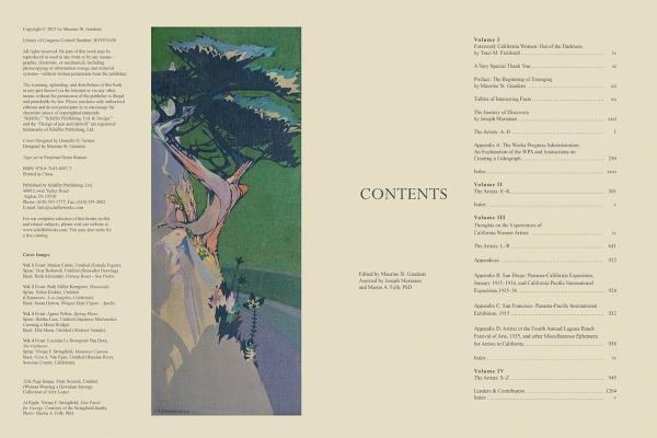 The table of contents page for Emerging from the Shadows, Vol. IV (Schiffer Publishing, Ltd.) features a vibrant California landscape by a women artist on the left, chapter titles with page numbers on the right, and "CONTENTS" above editor credits.