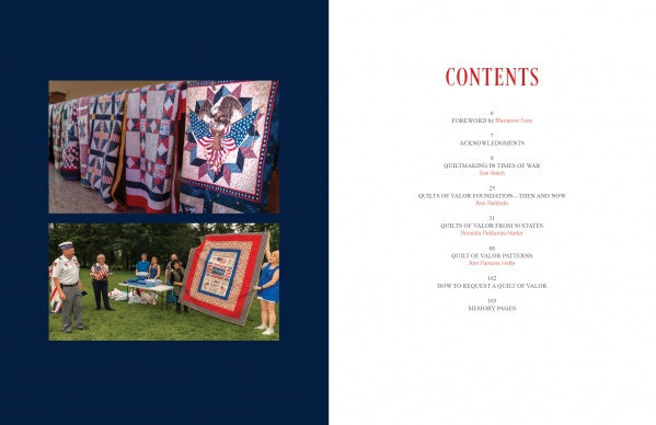 The left shows people, including one in uniform, presenting a colorful patriotic "Quilts of Valor" quilt; the right displays a red and black table of contents. Quilts of Valor by Schiffer Publishing, Ltd.