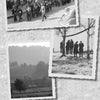 Three black-and-white historical photos from "The SS-Sonderkommando Dirlewanger: A Memoir" by Schiffer Publishing, Ltd.: a city street scene, people hanged from a tree (linked to Dirlewanger), and a rural landscape with fields and buildings.