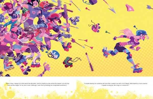 A lively group of roller skaters chases a blue-and-pink skater speeding ahead on yellow, radiating girl gang art vibes. “Roller Derby / Girl Gang” by Schiffer Publishing, Ltd. appears at the bottom of the image.