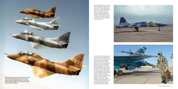 On the left page of TOPGUN by Schiffer Publishing, Ltd., four fighter jets fly in formation; on the right, two photos show parked jets—one with a pilot in flight gear, illustrating elite US Navy Fighter Weapons School tactics.