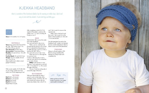 A young child in a blue KlompeLOMPE-style crocheted headband, inspired by "Knitting for Little Sweethearts" from Schiffer Publishing, Ltd., smiles softly by a wooden fence. On the left is the headband crochet pattern shown on a white page.