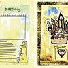 Split image: Left side, a cartoon person with popcorn watches a blank screen labeled SCREENING…. Right side, a stylized crystal-crowned face wears a diamond shirt—like Schiffer Publishing Ltd.’s The Manifestation Journal come to life in yellow tones.