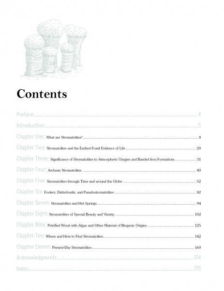 The Stromatolites table of contents by Schiffer Publishing, Ltd. lists chapters on their formation, types, significance, fossilized forms, cyanobacteria, fossil records, and environments with page numbers.