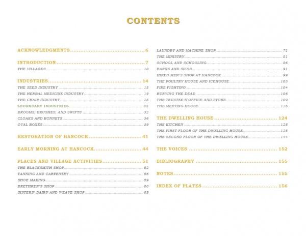 The Shaker Legacies by Schiffer Publishing, Ltd. features a contents page listing Acknowledgments, Introduction, Industries, Restoration of Hancock, Shaker legacies, Village Activities, Laundry and Machine Shop, The Ministry, Schooling, and more with page numbers.