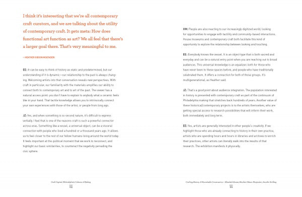 A spread from "Craft Capital" by Schiffer Publishing, Ltd. features an orange quote on the left about contemporary craft in Philadelphia, with interview text in black on the right, all set against a white background.