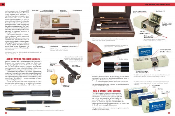 A two-page spread from Schiffer Publishing, Ltd.'s "The Secret History of KGB Spy Cameras" displays text and labeled images of Soviet spy cameras disguised as pens and erasers, plus close-ups, diagrams, and Cold War espionage insights.