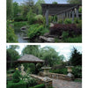 Two lush garden photos feature highlights from Schiffer Publishing, Ltd.’s "The Big Book of Gazebos, Pergolas, and Other Backyard Architecture," including a wooden pergola by a pond and a stone gazebo with statues, urns, and creative landscaping.