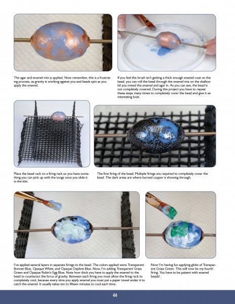 Schiffer Publishing, Ltd.'s Enameling offers a step-by-step photo guide for beginners, covering enamel powder application, bead firing, color layering, and cooling the finished piece on a rack.