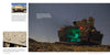A Schiffer Publishing, Ltd. M2/M3 Bradley infantry fighting vehicle with an open rear ramp glows green inside, parked outdoors at night under a starry sky. An inset displays a close-up of its exterior side panel and markings.