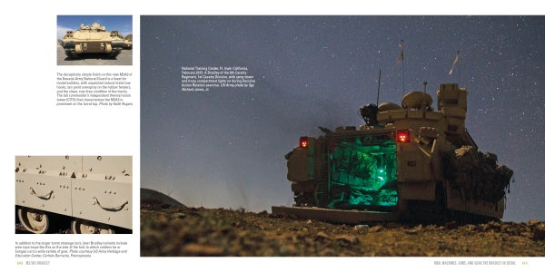 A Schiffer Publishing, Ltd. M2/M3 Bradley infantry fighting vehicle with an open rear ramp glows green inside, parked outdoors at night under a starry sky. An inset displays a close-up of its exterior side panel and markings.