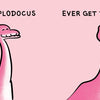 A smiling cartoon diplodocus and large dentures on a pink background illustrate Schiffer Publishing, Ltd.’s “Did Dinosaurs Have Dentists?”—perfect for a dinosaur dental health picture book. Text above asks: Did a diplodocus ever get dentures?.