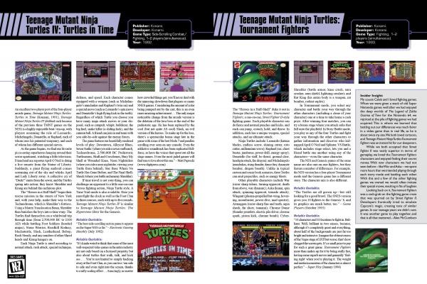 Two magazine-style pages in The SNES Omnibus from Schiffer Publishing, Ltd. review Teenage Mutant Ninja Turtles IV: Turtles in Time and Tournament Fighters with vivid screenshots, colorful covers, and engaging SNES Omnibus-style columns.