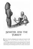 A cartoon shows a man kneeling on the ground holding a turkey by its wings while a hooded figure stands nearby. Text reads: 37¢ a Fart and Other Infamous Animal Stories—Schiffer Publishing, Ltd.
