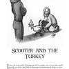 A cartoon shows a man kneeling on the ground holding a turkey by its wings while a hooded figure stands nearby. Text reads: 37¢ a Fart and Other Infamous Animal Stories—Schiffer Publishing, Ltd.