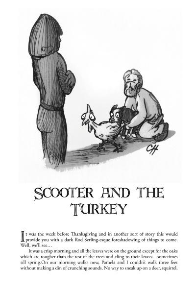 A cartoon shows a man kneeling on the ground holding a turkey by its wings while a hooded figure stands nearby. Text reads: 37¢ a Fart and Other Infamous Animal Stories—Schiffer Publishing, Ltd.