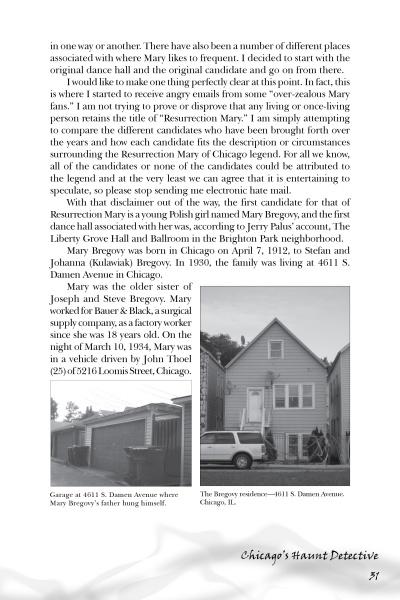 A black-and-white book page from Schiffer Publishing's "Chicago's Haunt Detective" shows text and photos: Mary Bregovy’s father’s garage and her 1930 address—sites tied to Chicago legends and paranormal investigations.