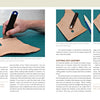A two-page spread from Practical Leatherwork by Schiffer Publishing, Ltd. gives step-by-step photo instructions for marking and cutting leather, showing leather pieces, a cutting mat, a craft knife, and how to trace and cut patterns.