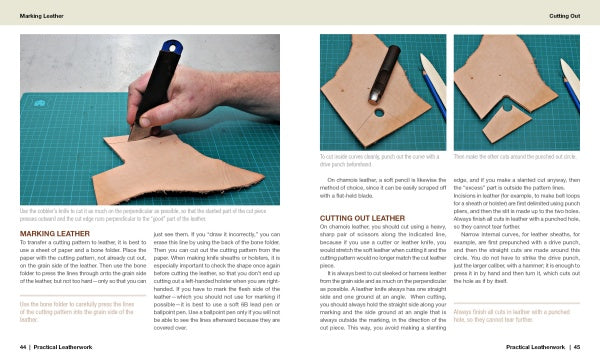 A two-page spread from Practical Leatherwork by Schiffer Publishing, Ltd. gives step-by-step photo instructions for marking and cutting leather, showing leather pieces, a cutting mat, a craft knife, and how to trace and cut patterns.
