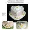 Sugar Art by Schiffer Publishing, Ltd. features a heart-shaped cake adorned with white lace-like icing, pink ribbon, and pastel flowers, highlighting skillful cake decorating. A close-up shows a smaller matching heart-shaped cake.
