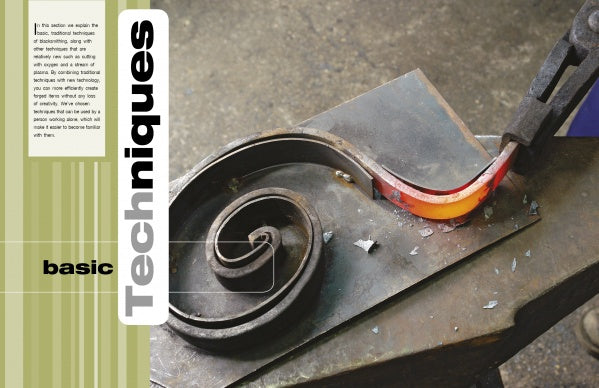 A heated rod is forged into a spiral, demonstrating Blacksmithing Techniques by Schiffer Publishing, Ltd. "Basic Techniques" appears boldly on the left, set on a green striped background, evoking classic craftsmanship.