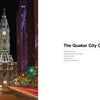 Nighttime view of City Hall in Philadelphia, aglow with lights and tall buildings nearby; streaks of car lights add vibrancy. Text on the right: “The Quaker City Colossus.” Published by Schiffer Publishing, Ltd. Brief location info included.