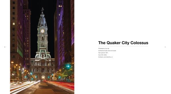 Nighttime view of City Hall in Philadelphia, aglow with lights and tall buildings nearby; streaks of car lights add vibrancy. Text on the right: “The Quaker City Colossus.” Published by Schiffer Publishing, Ltd. Brief location info included.