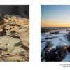 Two landscape photos from "Oregon Coast" by Schiffer Publishing, Ltd.: left—dramatic rocky sandstone by the sea; right—ocean waves swirl in a sunlit rock at sunset, showcasing the serene beauty of Oregon’s coast.