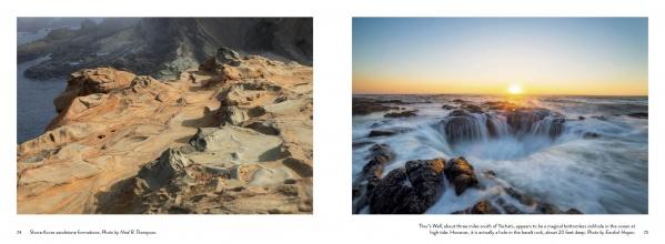 Two landscape photos from "Oregon Coast" by Schiffer Publishing, Ltd.: left—dramatic rocky sandstone by the sea; right—ocean waves swirl in a sunlit rock at sunset, showcasing the serene beauty of Oregon’s coast.