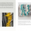 A spread from "Artistry in Fiber, Vol. 1" by Schiffer Publishing, Ltd. features wall-mounted fiber art with colorful fringes, close-ups of fabric details, and a black-and-white artist photo, describing fiber techniques and materials used.