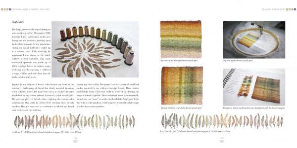 A two-page spread in Schiffer Publishing, Ltd.'s *Organic Embroidery* shows thread spools, leaf designs, stitched fabric close-ups, step-by-step embroidery images, and sketchbook notes—ideal inspiration for fiber artists.