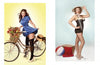 Two women channel vintage glamour in "Bombshell" by Schiffer Publishing, Ltd.—one poses in a blue dress by a bike with tulips, the other in a retro swimsuit, sun hat, and heels beside a beach ball and wicker basket.