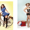 Two women channel vintage glamour in "Bombshell" by Schiffer Publishing, Ltd.—one poses in a blue dress by a bike with tulips, the other in a retro swimsuit, sun hat, and heels beside a beach ball and wicker basket.