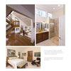 A collage of interiors from "Contemporary Southern Homes" by Schiffer Publishing, Ltd.: a modern staircase with wood flooring, a bright double-sink bathroom, and a cozy bedroom with wood furniture and Southern charm.